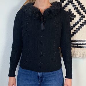 Vintage 90s Sweater Fitted Faux Fur Collar
